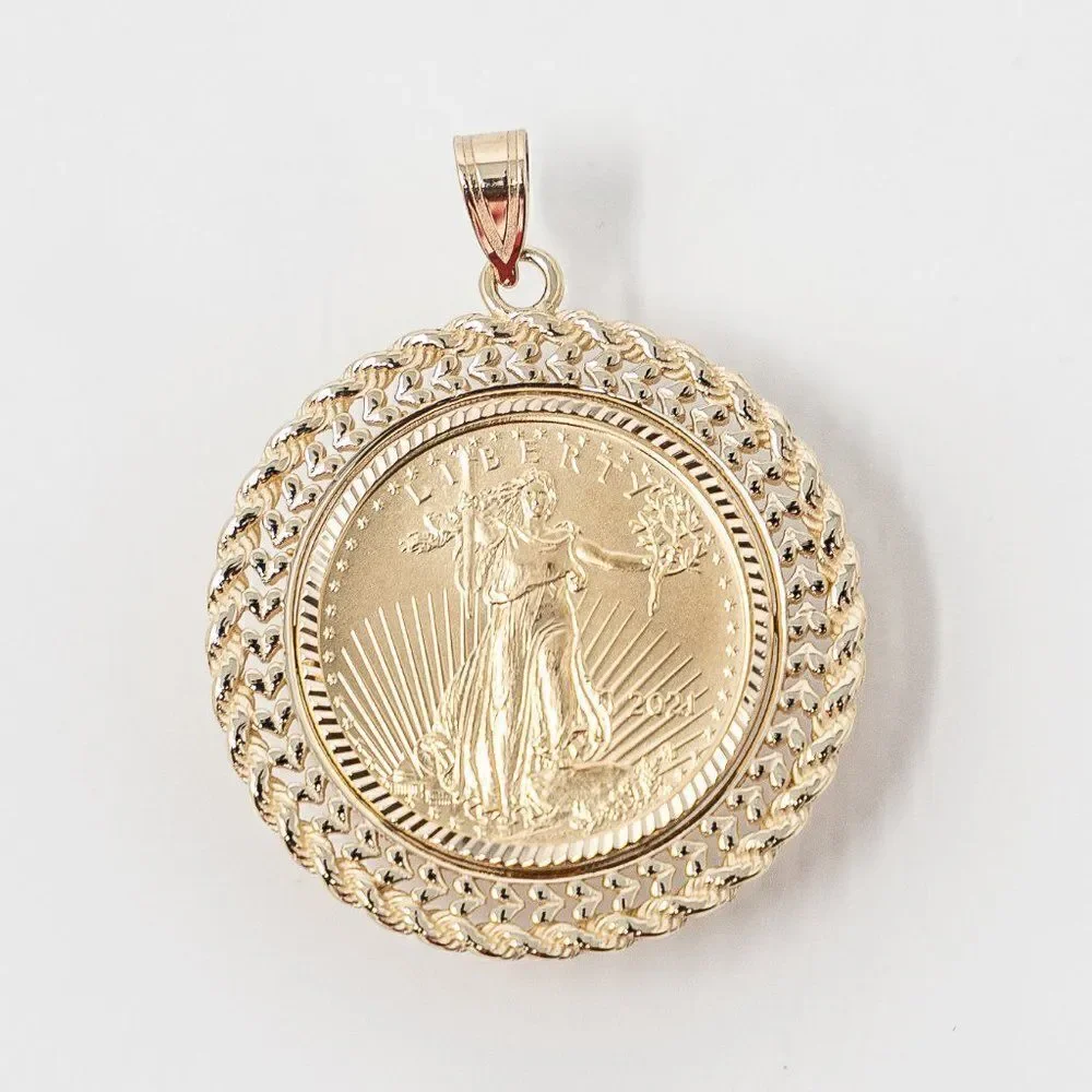 New 14k Gold Double Row Diamond Cut Bezel With 1/4oz American Eagle Coin - Picture 1 of 15